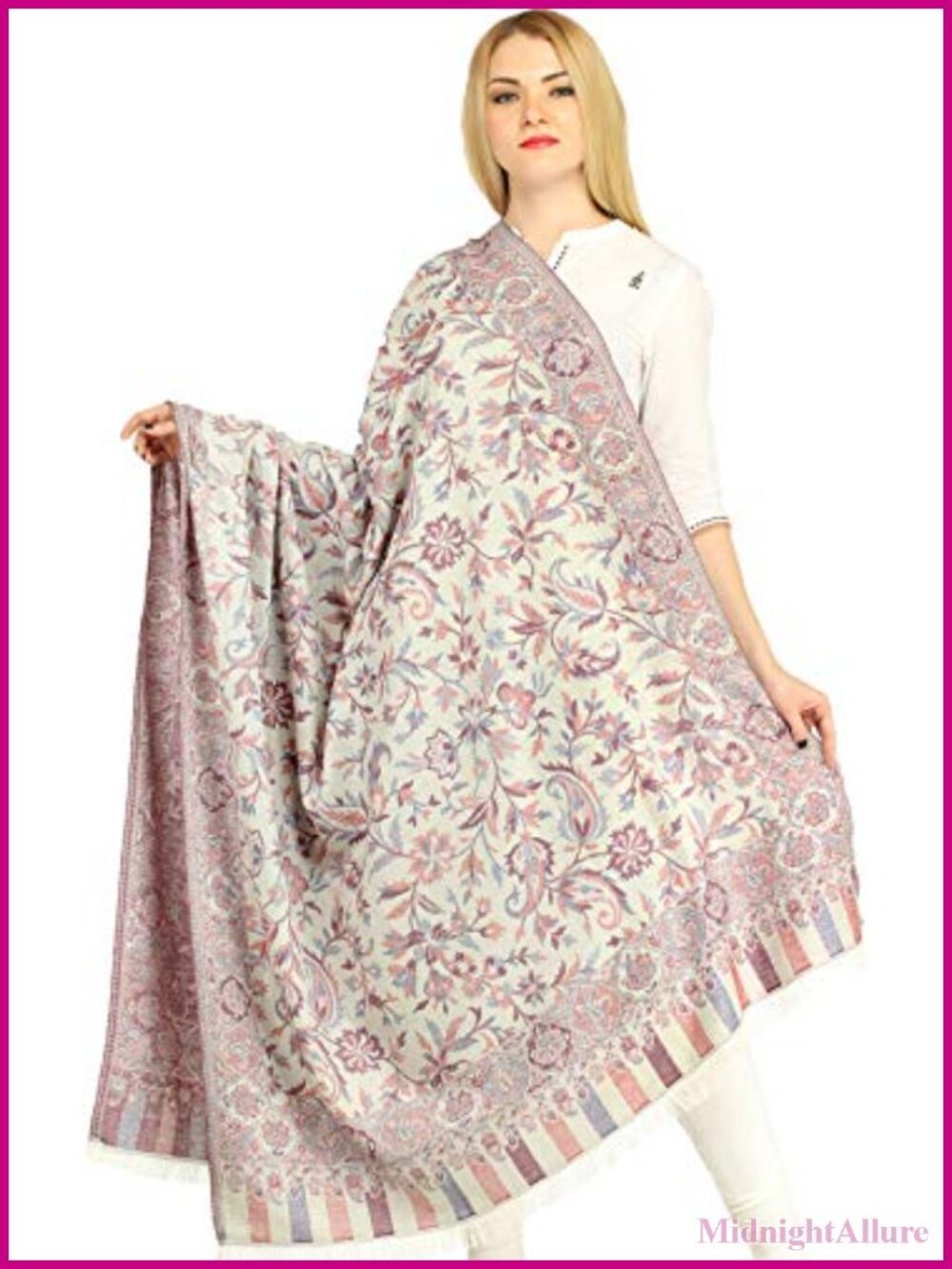 Reversible Pure Wool Jamawar Shawl Handwoven Floral Wrap Pashmina